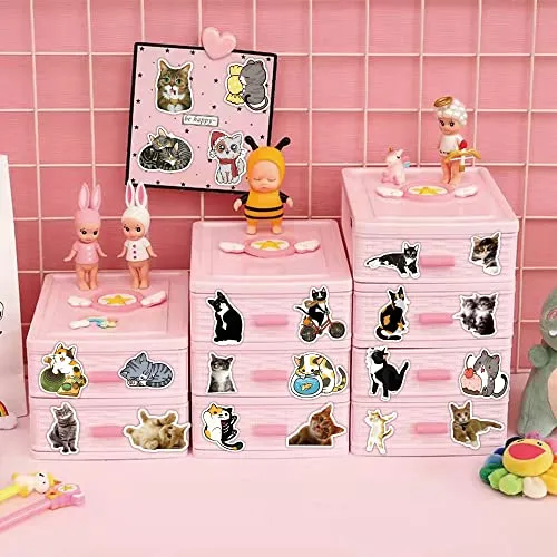 100pcs Cute Cat Stickers for Water Bottle,Vinyl Waterproof Stickers Decals Laptop Scrapbook Bicycle Ipad Phone, Cat Gifts Merchandise Stuff Things for Adult Women Teens Girls Kids