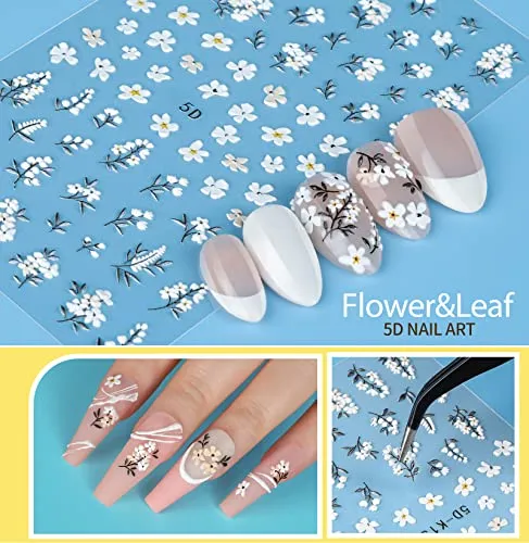 12 Sheets Nail Art Sticker Self-Adhesive, Teenitor Flower Nail Stickers 5D Embossed Nail Decals, 5 Boxes Nail Art Glitter Sequins Flakes, Nail Art Design Tools Self Adhesive Nail Art Supplies