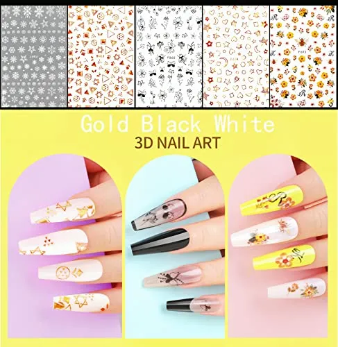 12 Sheets Nail Art Sticker Self-Adhesive, Teenitor Flower Nail Stickers 5D Embossed Nail Decals, 5 Boxes Nail Art Glitter Sequins Flakes, Nail Art Design Tools Self Adhesive Nail Art Supplies