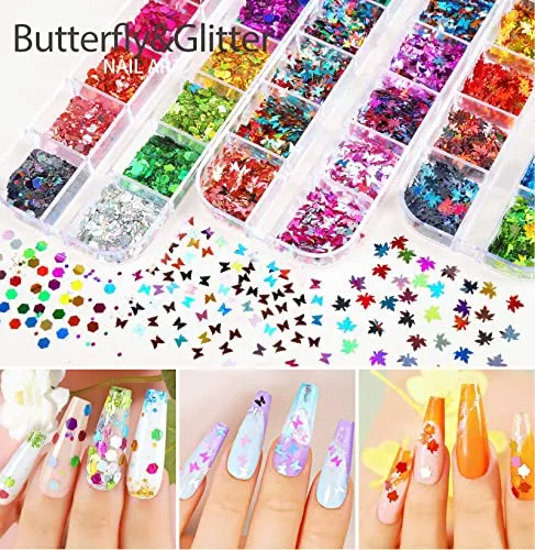 12 Sheets Nail Art Sticker Self-Adhesive, Teenitor Flower Nail Stickers 5D Embossed Nail Decals, 5 Boxes Nail Art Glitter Sequins Flakes, Nail Art Design Tools Self Adhesive Nail Art Supplies