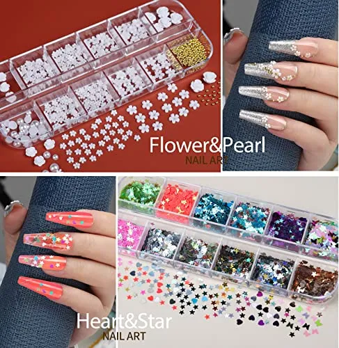 12 Sheets Nail Art Sticker Self-Adhesive, Teenitor Flower Nail Stickers 5D Embossed Nail Decals, 5 Boxes Nail Art Glitter Sequins Flakes, Nail Art Design Tools Self Adhesive Nail Art Supplies