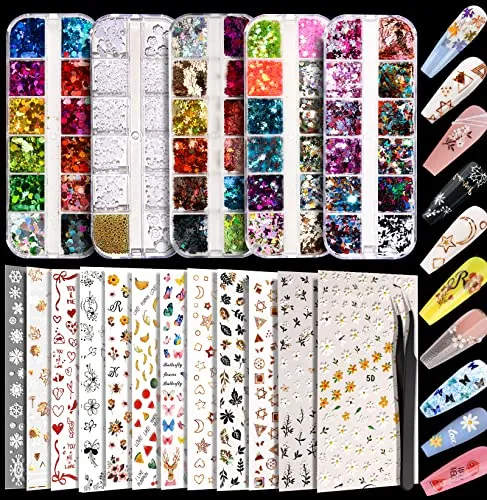 12 Sheets Nail Art Sticker Self-Adhesive, Teenitor Flower Nail Stickers 5D Embossed Nail Decals, 5 Boxes Nail Art Glitter Sequins Flakes, Nail Art Design Tools Self Adhesive Nail Art Supplies