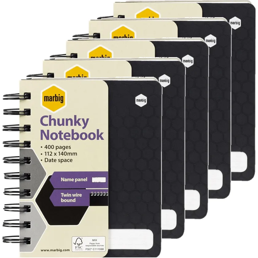 5 Pack Marbig Chunky Notebook 400 Page 112x140mm Compact Small Black