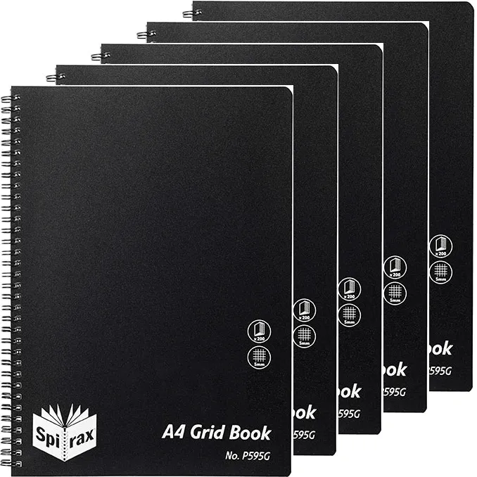 5 Pack Spirax P595G Grid Book 5mm Grid 200 Pages A4 Black