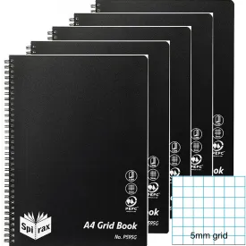 5 Pack Spirax P595G Grid Book 5mm Grid 200 Pages A4 Black