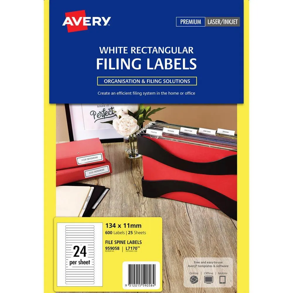 Avery 959058 L7170 Laser Label File Spine 24Up White Pack 25