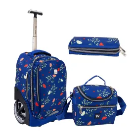 Big Wheel School Bags Trolly Set of 3pcs Blue Flower Design