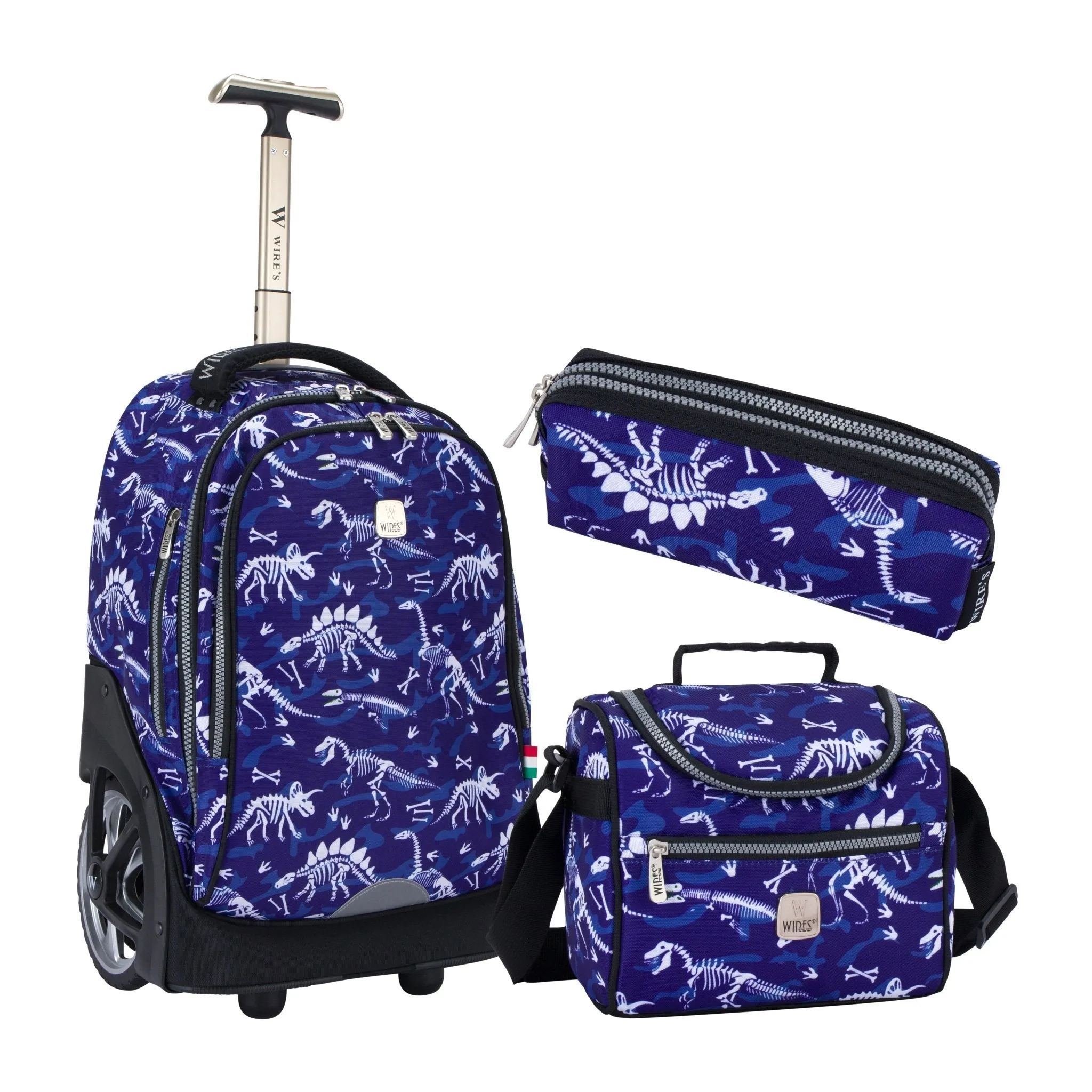 Blue Dinosaur Big Wheel School Bag Trolley Set of 3 (Lunch Bag & Pencil Case)