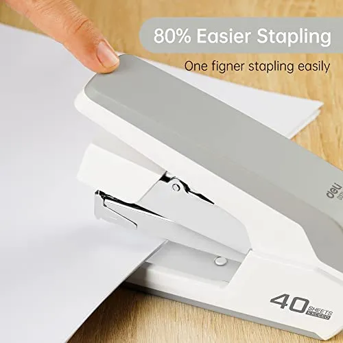 Deli Effortless Desktop Stapler, Heavy Duty Stapler, 40-50 Sheet Capacity, One Finger, No Effort, Includes Staples & Staple Remover, White