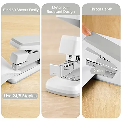 Deli Effortless Desktop Stapler, Heavy Duty Stapler, 40-50 Sheet Capacity, One Finger, No Effort, Includes Staples & Staple Remover, White