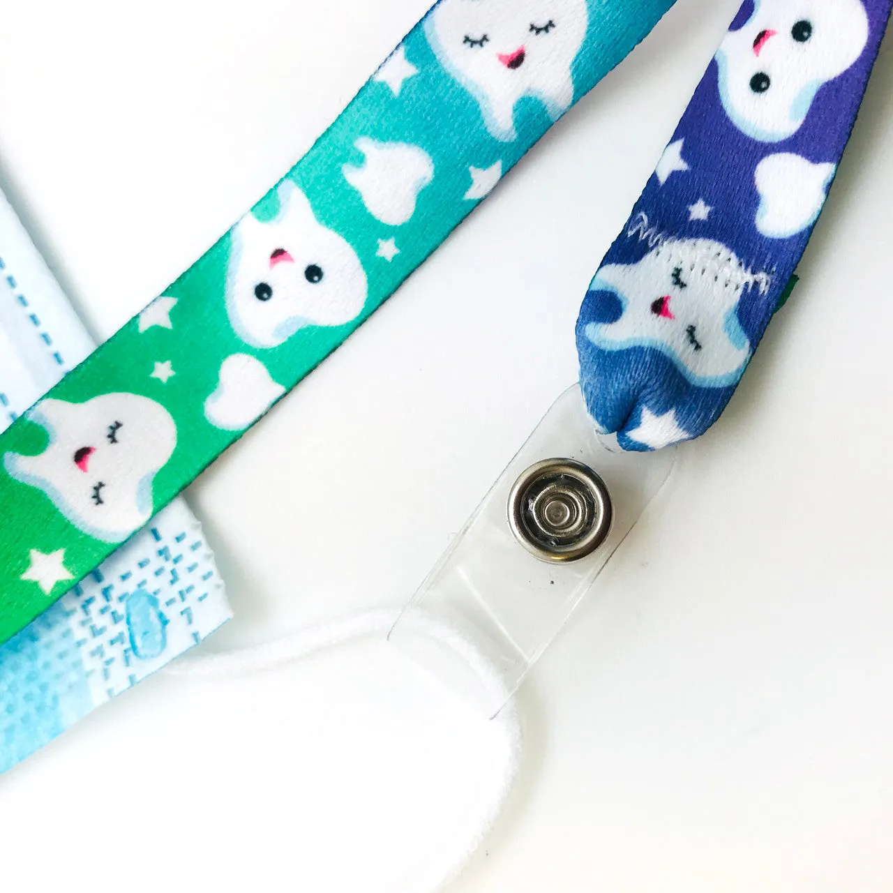 Dental/ Tooth design Face mask holder lanyard 24" long in  design with plastic snap fittings printed on 5/8" Ultra Lanyard fabric