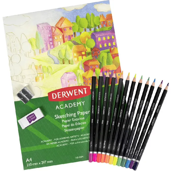 Derwent Academy Neon Pencils Starter Kit Sketch Pad Eraser Sharpener