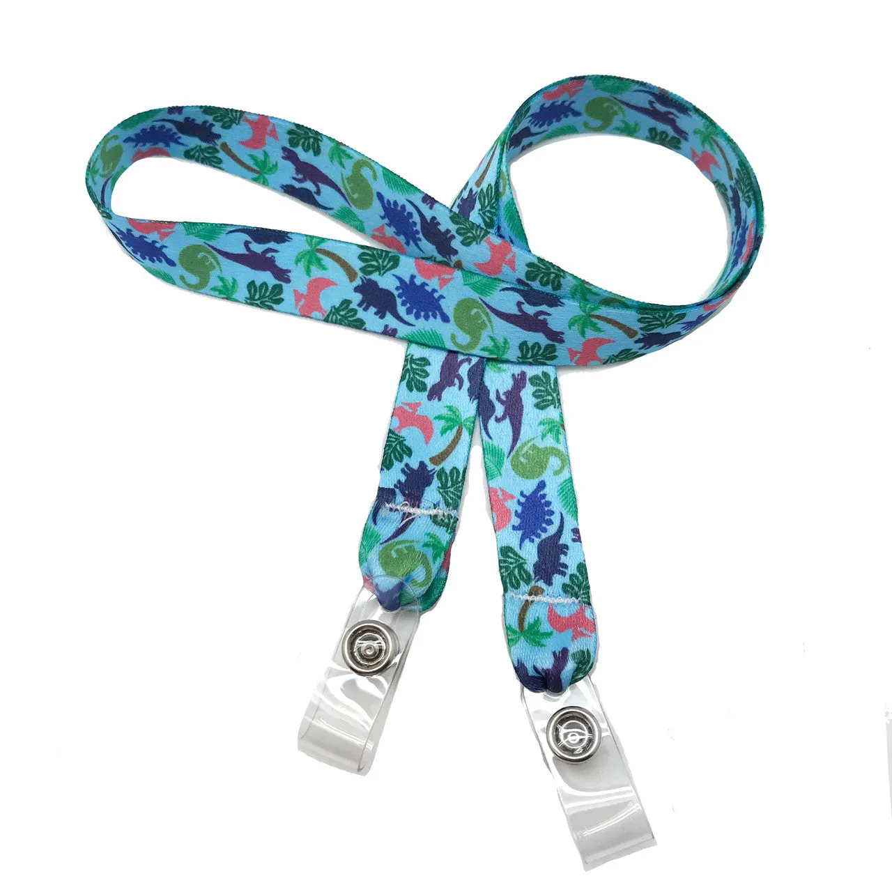 Dinosaur  theme Face mask holder lanyard 24" long with vinyl snap fittings printed on 5/8" Ultra Lanyard fabric