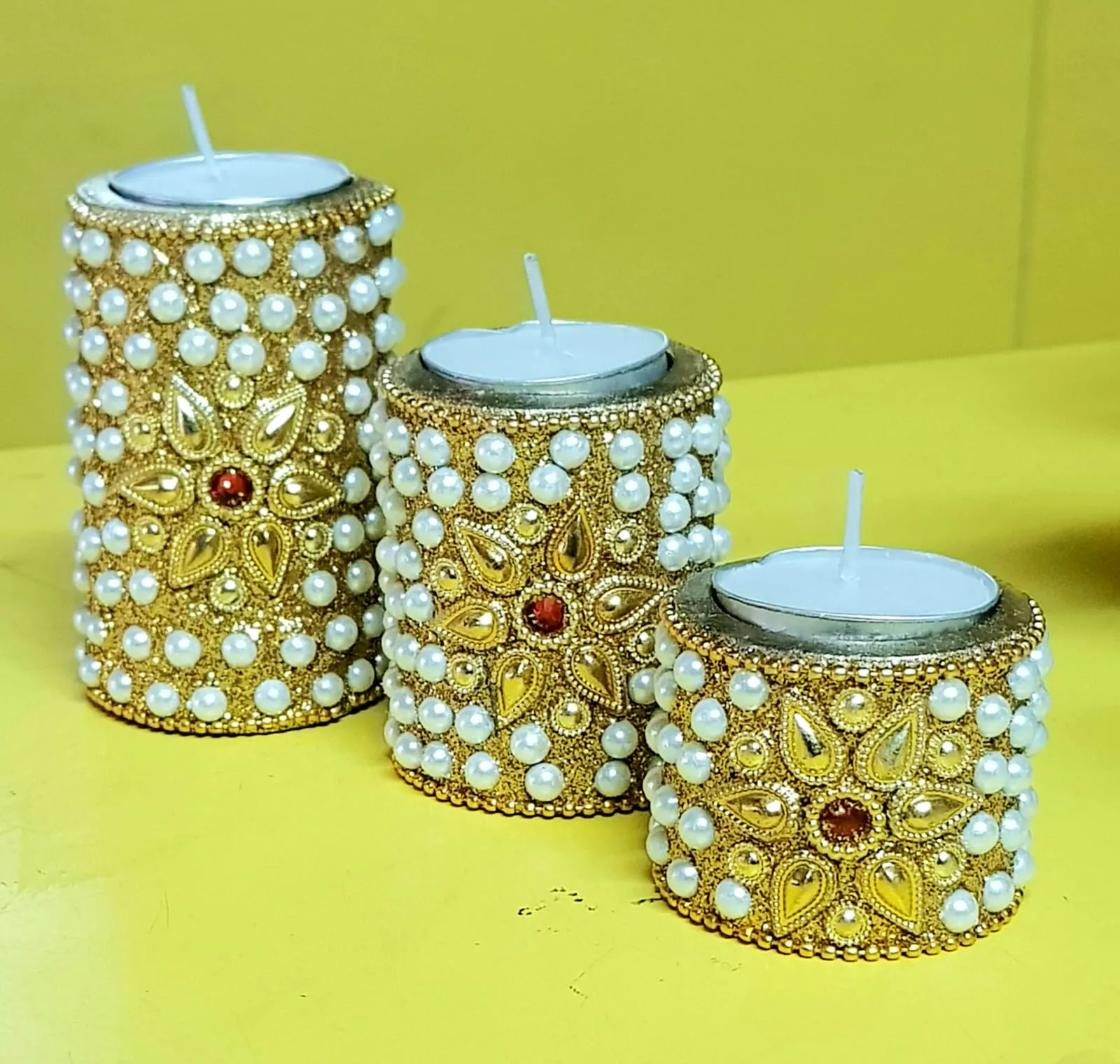 Heavy Pearl Work Wooden Pillar Tlight and Candle Holders for Diwali Festival Home Decoration and Gifting (Set of 3 - Golden)