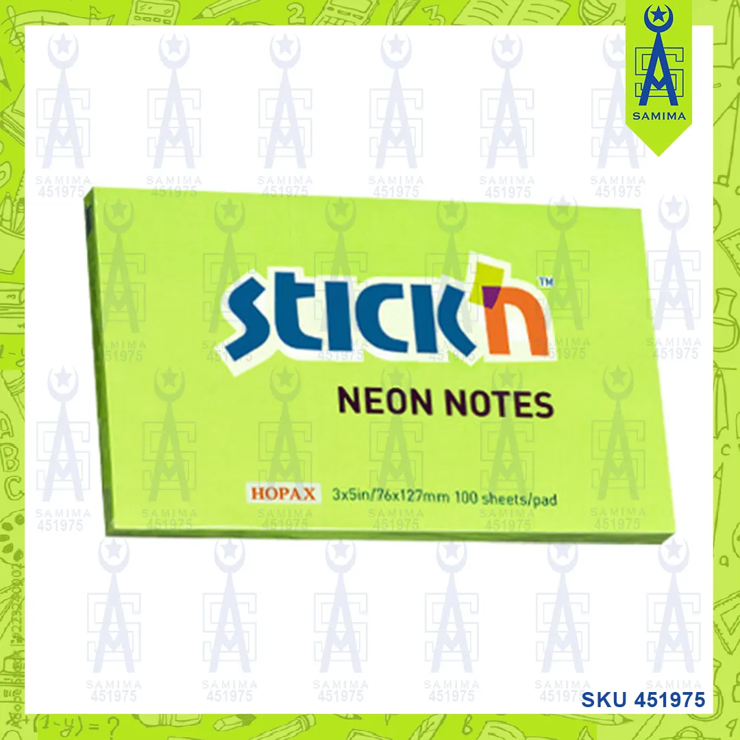 HOPAX 21171 STICK'N NEON NOTES GREEN 3 X 5''