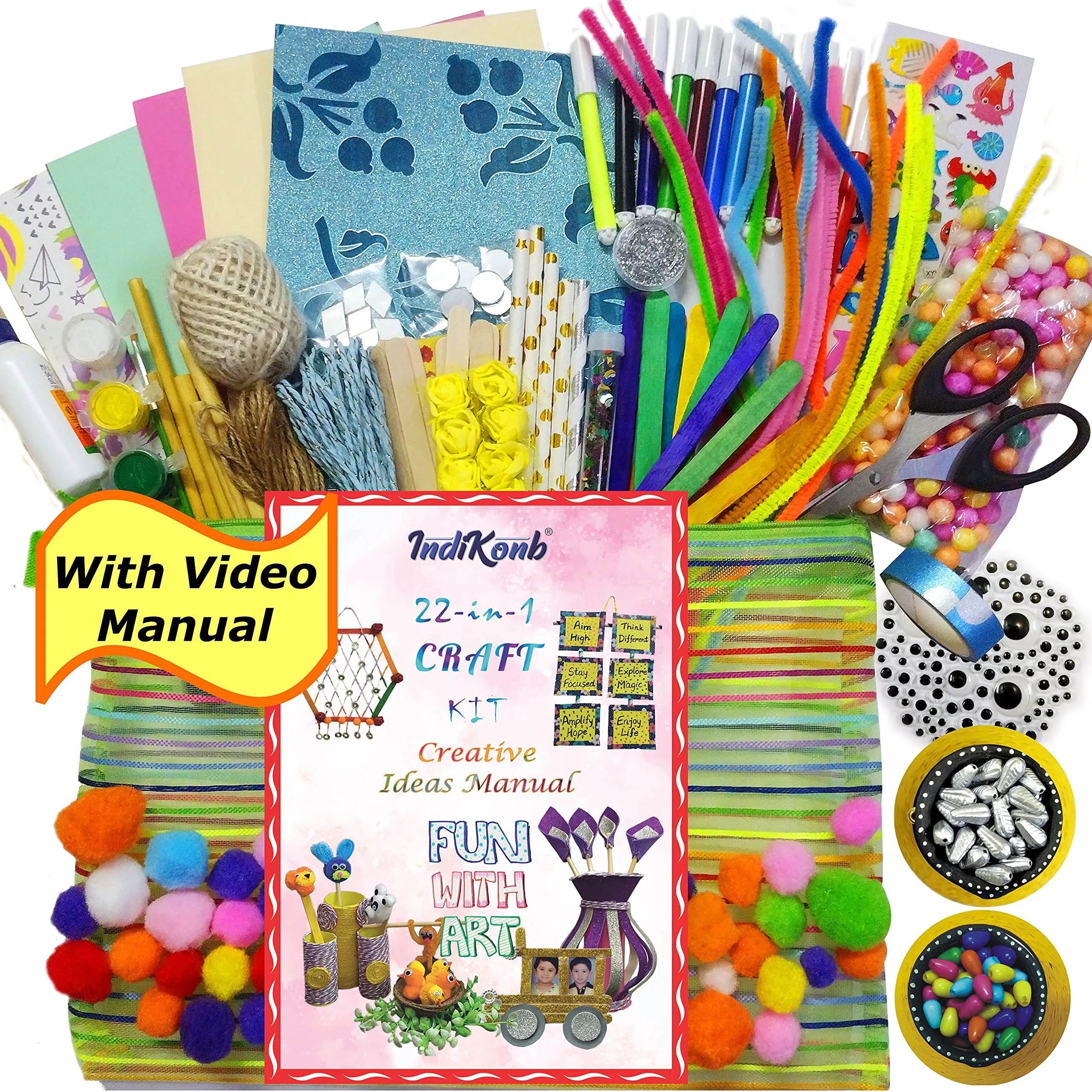 INDIKONB 22 in 1 Art and Craft Kit for Girls and Boys with Crafts Supplies Set All Craft Materials Items for Kids DIY for All Ages 8-10, Age 9-12, Age 12-16 Old - Art Kit # 2, Multicolour