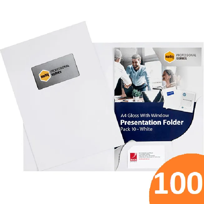 Marbig Presentation Folder With Window A4 Gloss White Pack 100 BULK