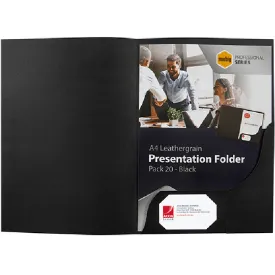 Marbig Presentation Folders Leathergrain Black Pack 20