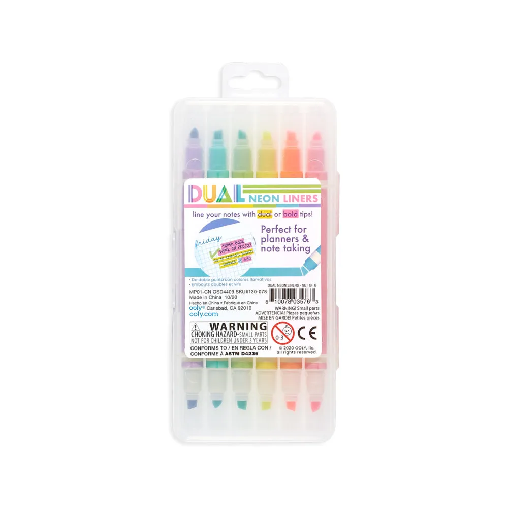 Ooly 6 Dual Neon Liners Double Ended Highlighters with dual-nibbed ends for planer and note taking Stationary Art and craft for kids 6yrs 