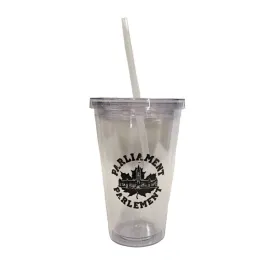 Plastic tumbler with lid and straw | Gobelet en plastique avec couvercle et paille