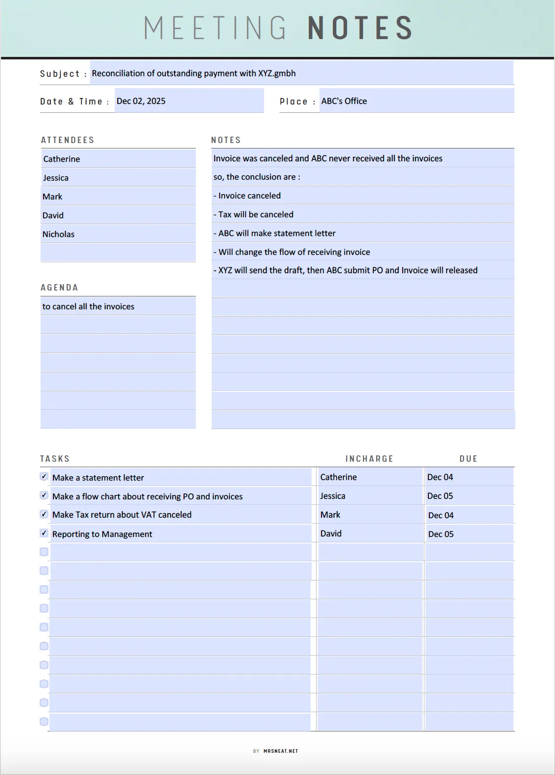 Printable Meeting Notes Template - M286