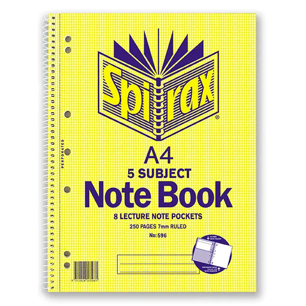 Spirax 596 5-Subject Notebook 7mm Ruled Spiral Bound 250 Page A4 Pack 5