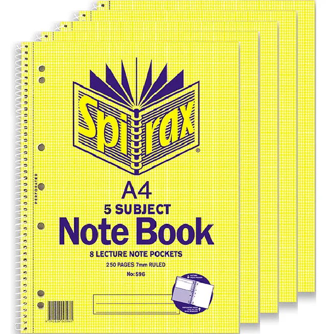 Spirax 596 5-Subject Notebook 7mm Ruled Spiral Bound 250 Page A4 Pack 5