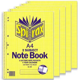 Spirax 605 2 Subject Notebook 7mm Ruled Lines Spiral Bound 250 Pages A4 Pack 5