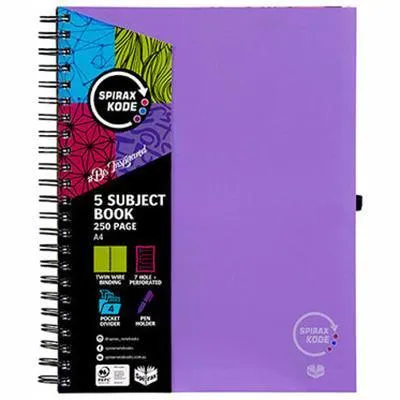 Spirax P960 Kode 5-Subject Notebook Spiral Bound 250 Page A4 Assorted