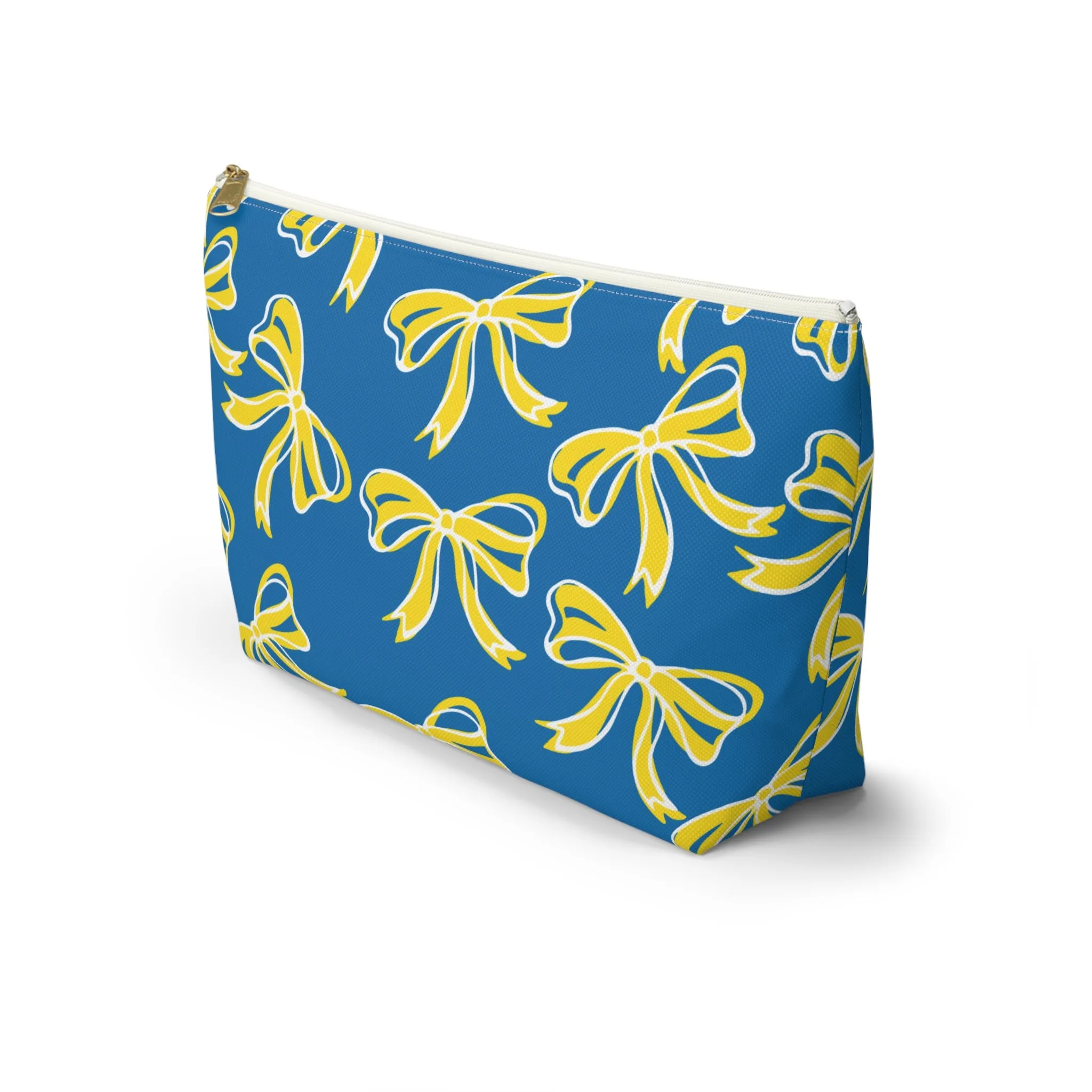 Trendy Bow Makeup Bag - Graduation Gift, Bed Party Gift, Acceptance Gift, College Gift, Delaware, Blue and Yellow, Blue Hens