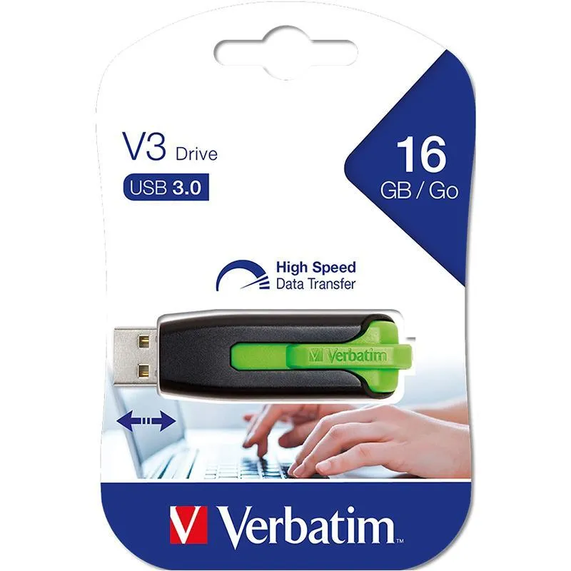 Verbatim Store N Go V3 3.0 Retractable USB Stick Drive Green 16GB High Speed